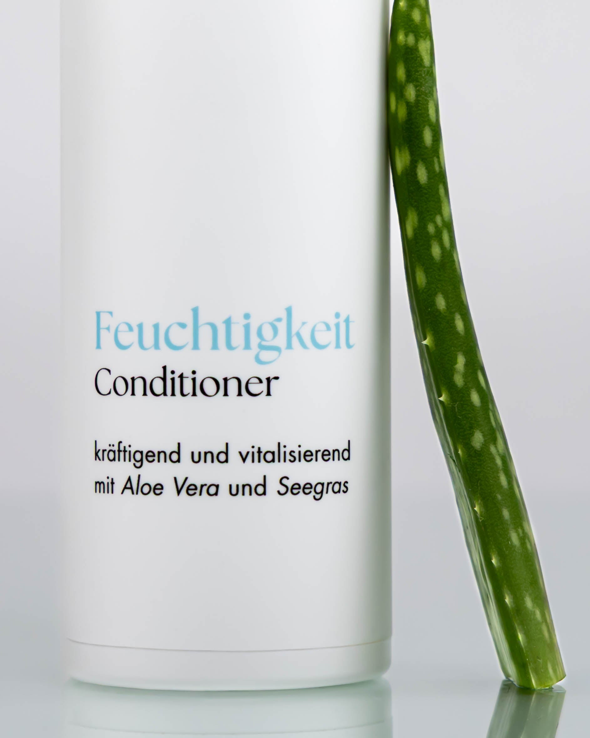Flasche Feuchtigkeitsconditioner an der ein Blatt Aloe Vera lehnt