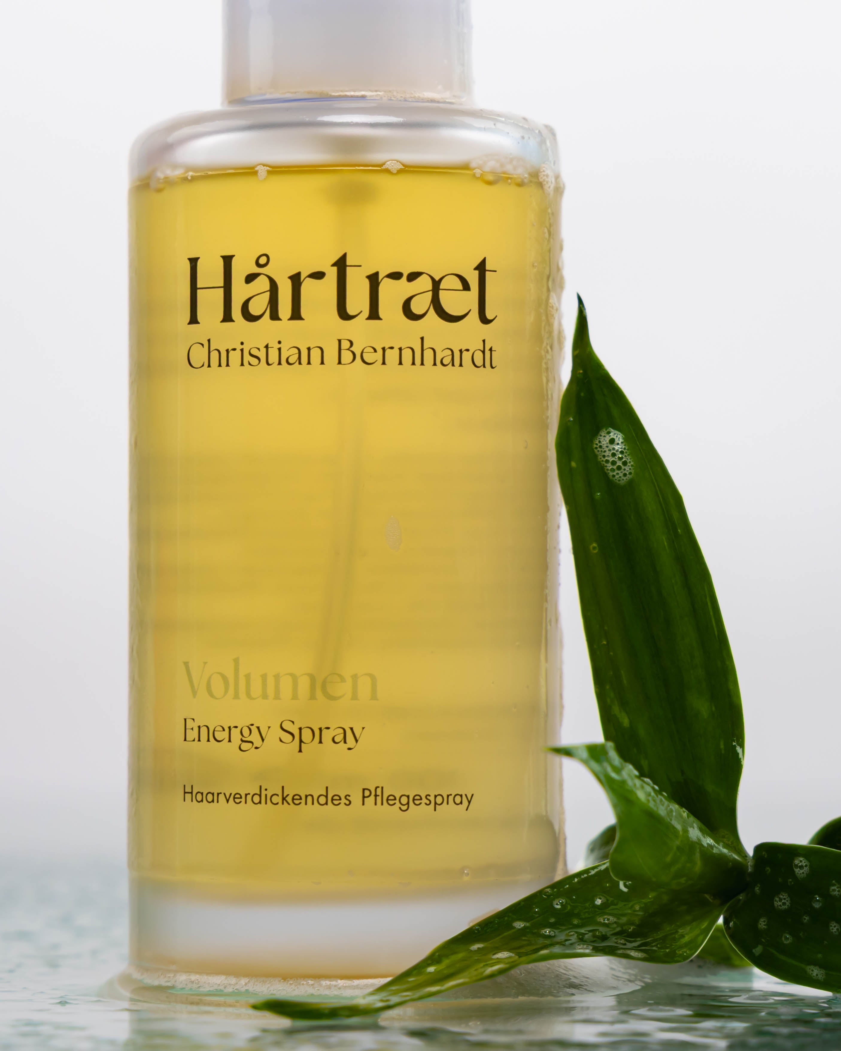 Flasche Volumenspray mit Bambusblättern, die nebendran liegen.